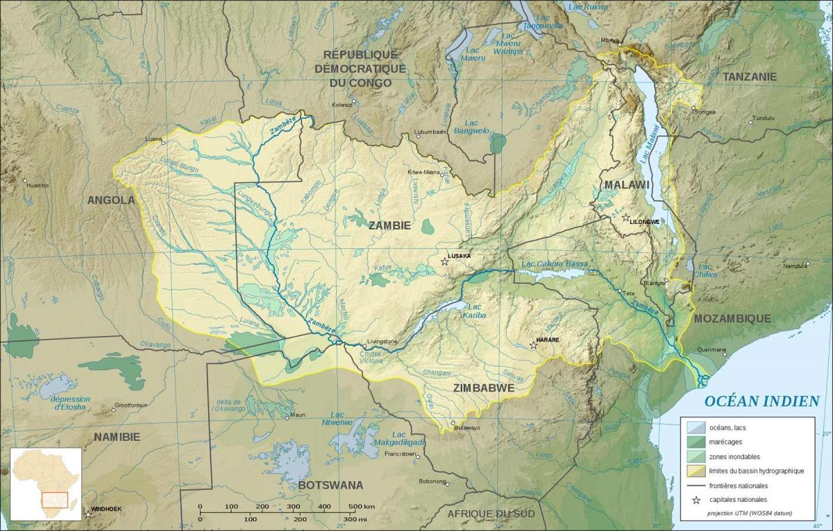 نقشہ کے زیمبیا دکھا دریاؤں اور جھیلوں